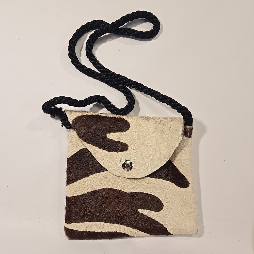 Cowhide Hair On Small Crossbody Bag Brown Ranch Brand Cow Print Snap 6.5x6.5"